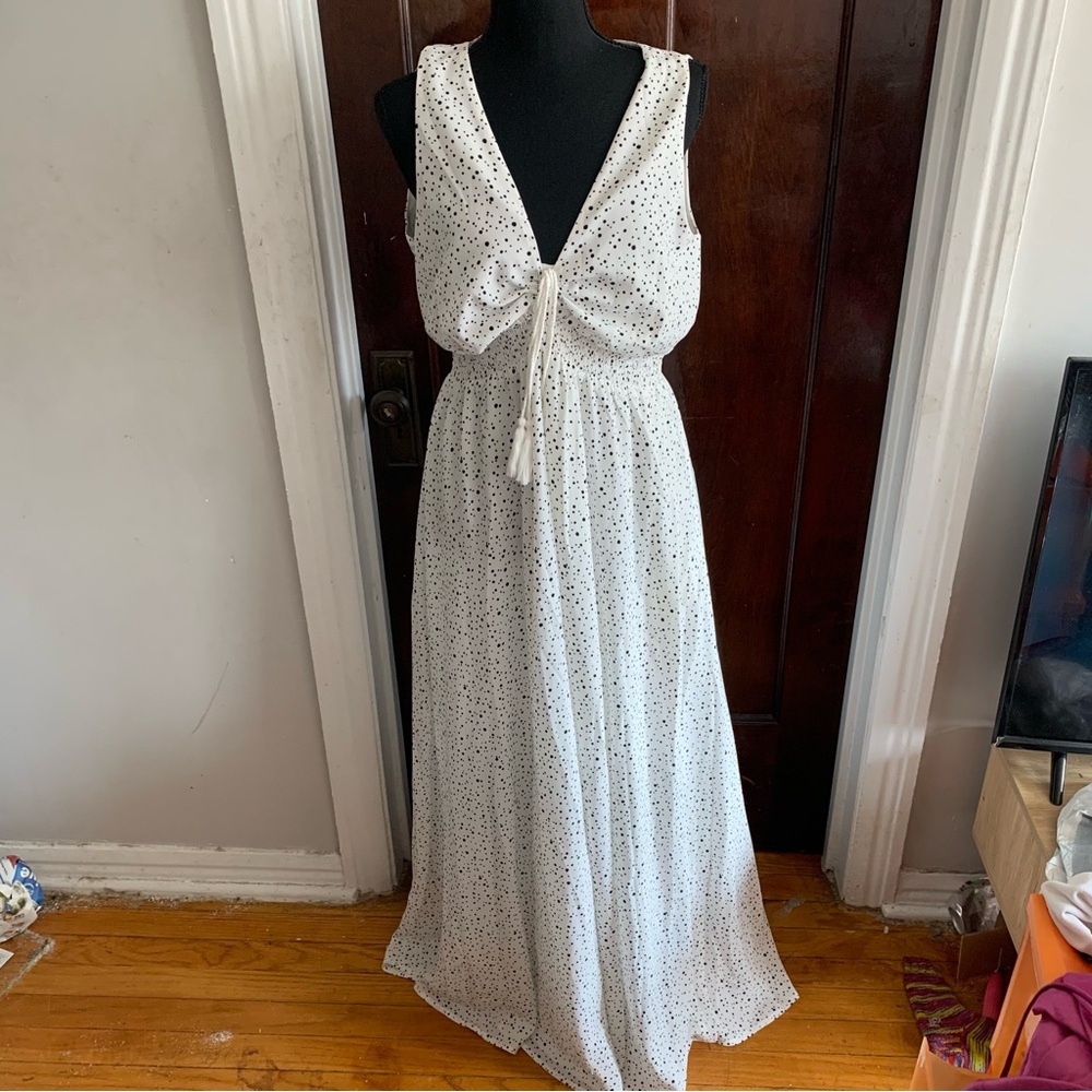 Black and White Polkadot Gathered Sleeveless Maxi Dress Floryday LARGE